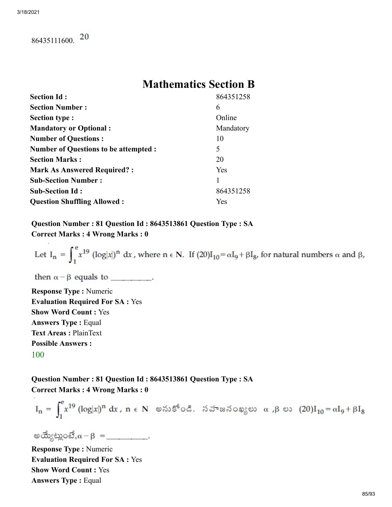 JEE Mains 2021: BTech ETE (Shift 2) 17-03-2021 Question Paper - Page 85