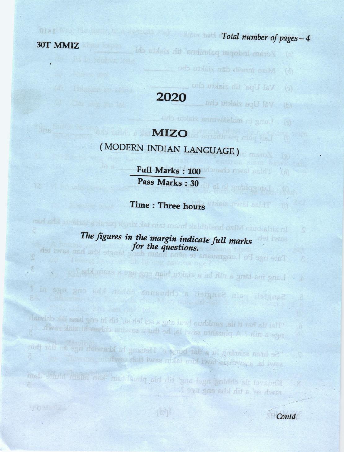 AHSEC Class 12 Mizo Question Papers 2020 - Page 1