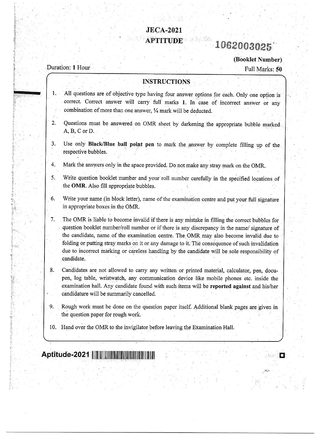 WB JECA 2021 Aptitude Question Paper - Page 1