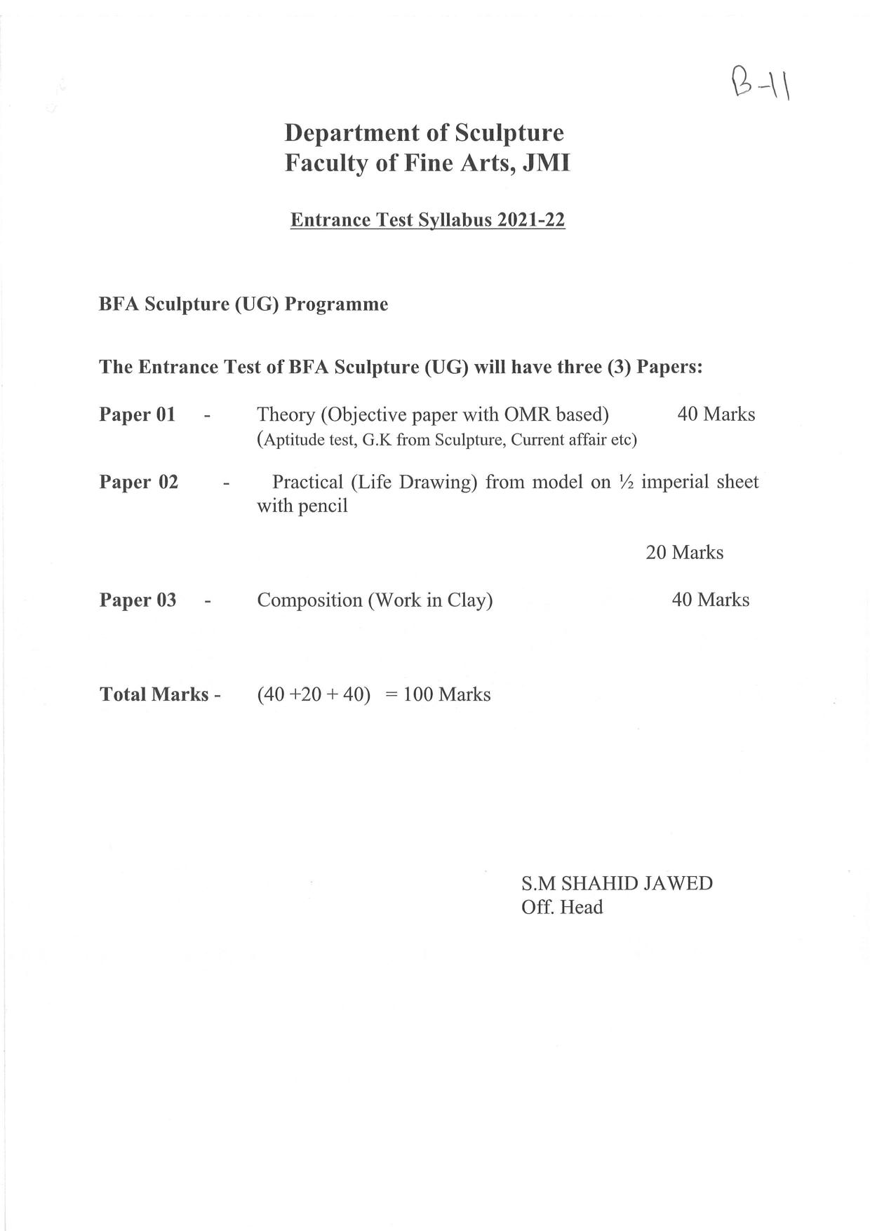 JMI Entrance Exam B11-B.F.A(Sculpture) Syllabus - Page 1