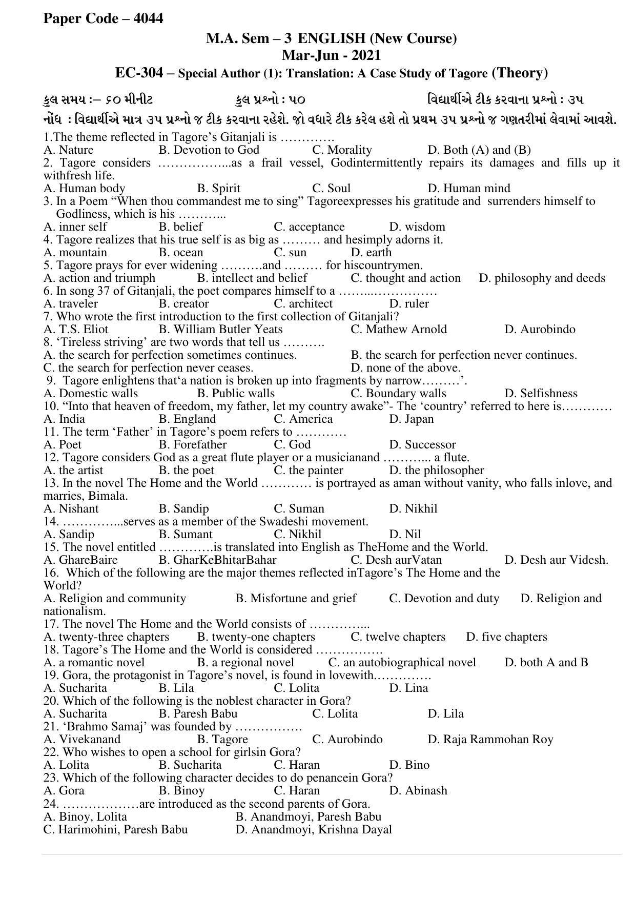 Hemchand North Gujarat University Sample Paper Mar-Jun 2021: M.A. Sem – 3 English-EC-304 – Special Author (1): Translation: A Case Study of Tagore (Theory) Paper Code – 4044 (New Course) - Page 1