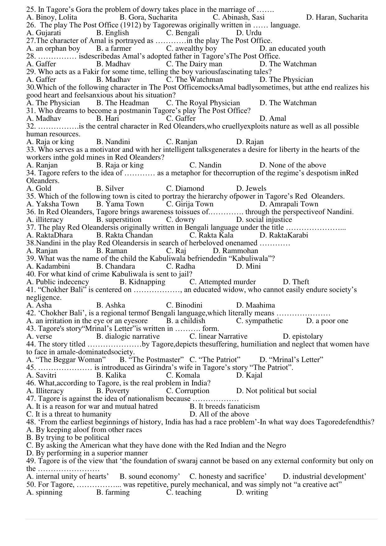 Hemchand North Gujarat University Sample Paper Mar-Jun 2021: M.A. Sem – 3 English-EC-304 – Special Author (1): Translation: A Case Study of Tagore (Theory) Paper Code – 4044 (New Course) - Page 2