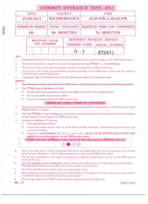 KCET Mathematics 2011 Question Papers