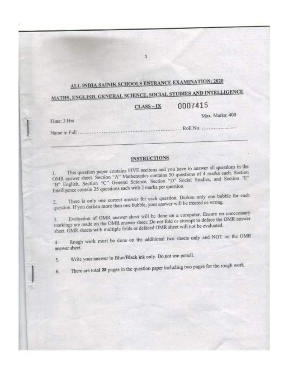 Sainik School Class 9 Question Paper 2020 in English - Page 1