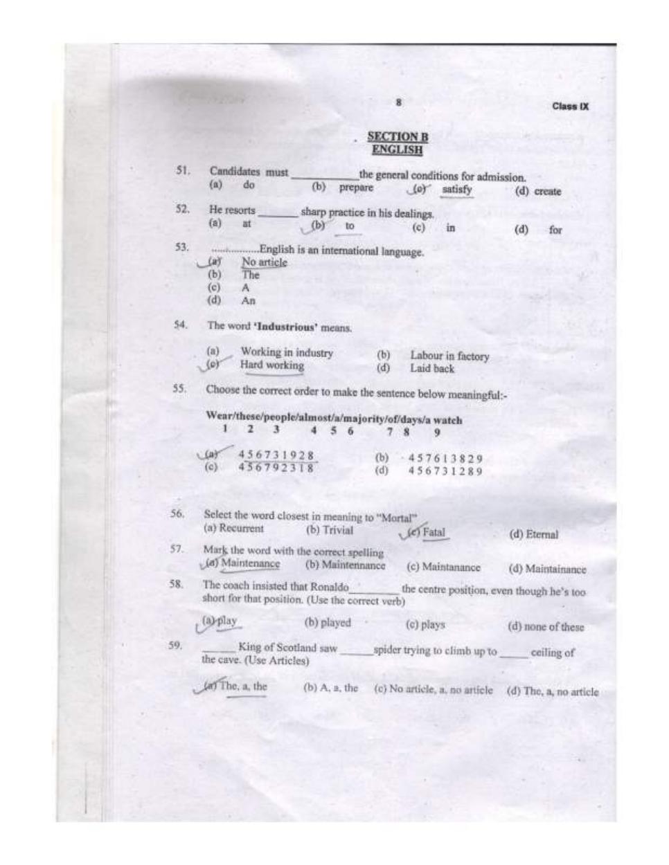 Sainik School Class 9 Question Paper 2020 in English - Page 8