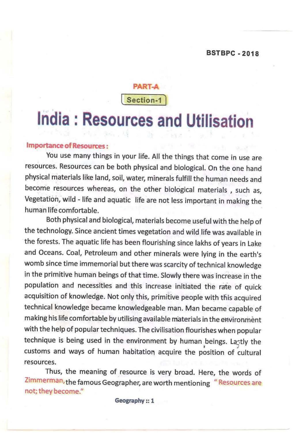 Bihar Board Class 10 Book for Geography: India Resources and Utility: Chapter-1 - Page 1