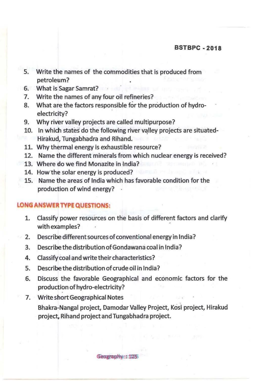 Bihar Board Class 10 Book for Geography: India Resources and Utility: Chapter-1 - Page 125