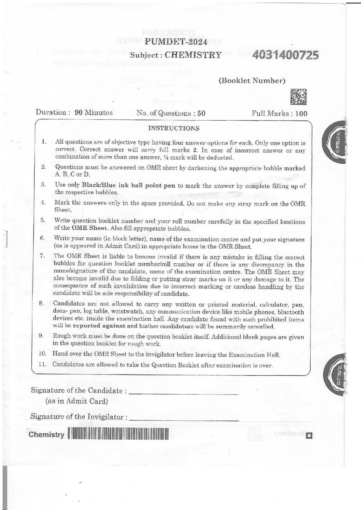 PUMDET 2024 Chemistry Question Paper - Page 1
