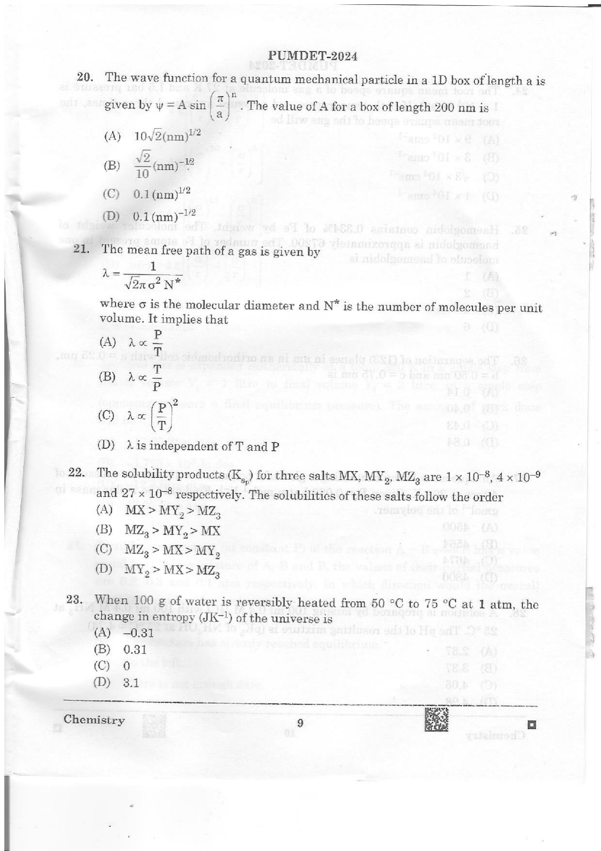 PUMDET 2024 Chemistry Question Paper - Page 9