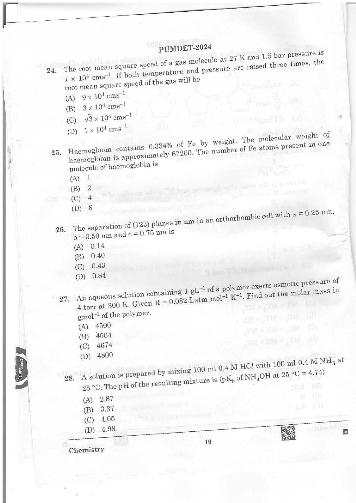 PUMDET 2024 Chemistry Question Paper - Page 10