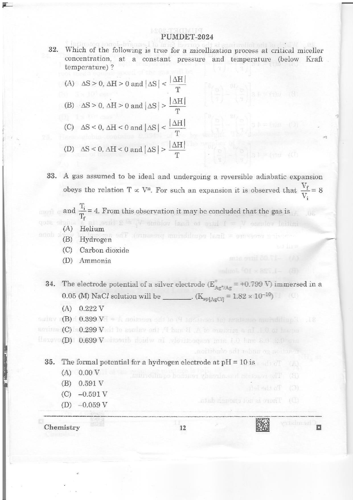 PUMDET 2024 Chemistry Question Paper - Page 12