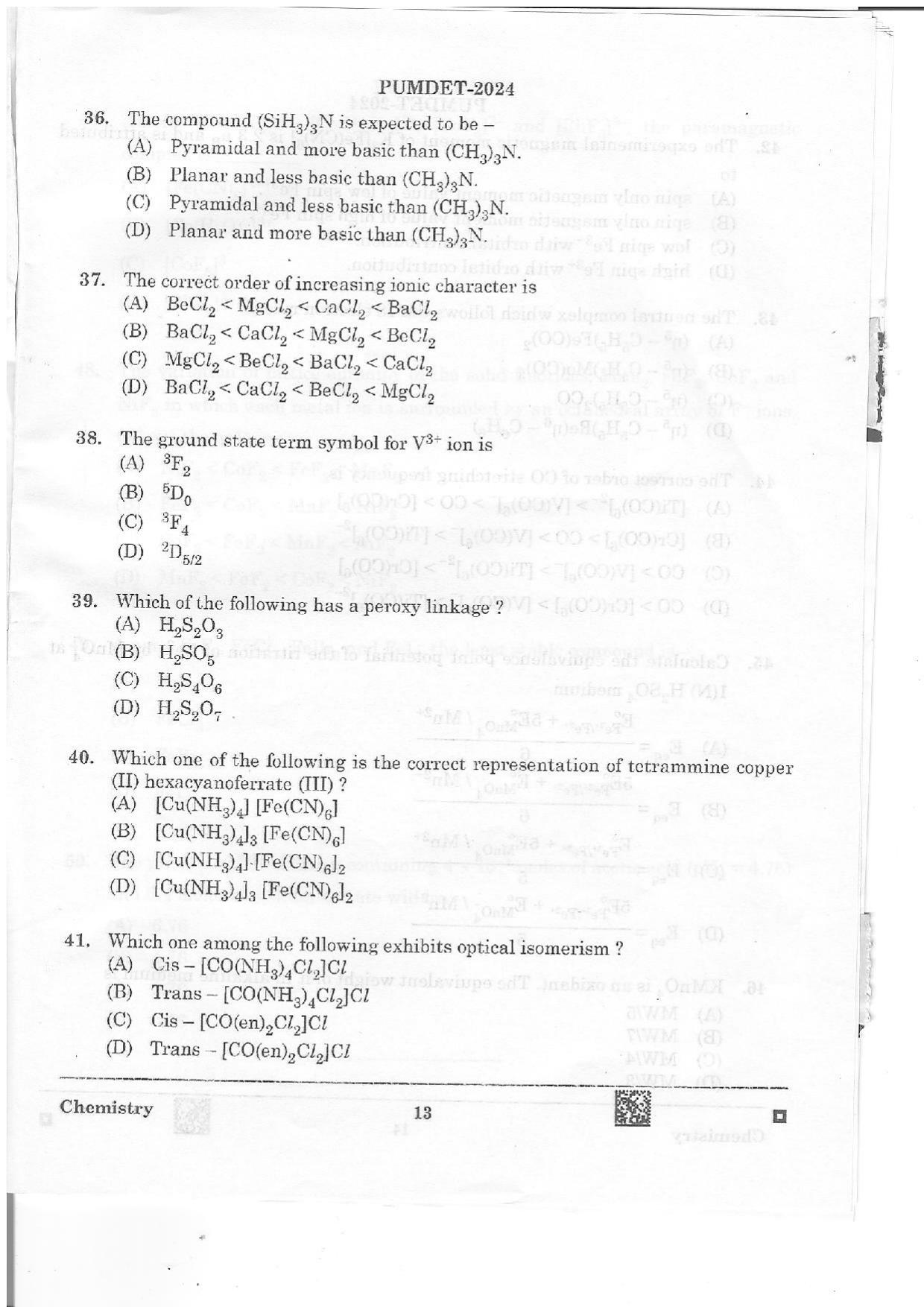 PUMDET 2024 Chemistry Question Paper - Page 13