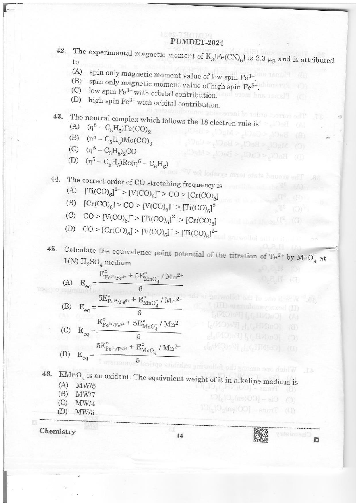 PUMDET 2024 Chemistry Question Paper - Page 14