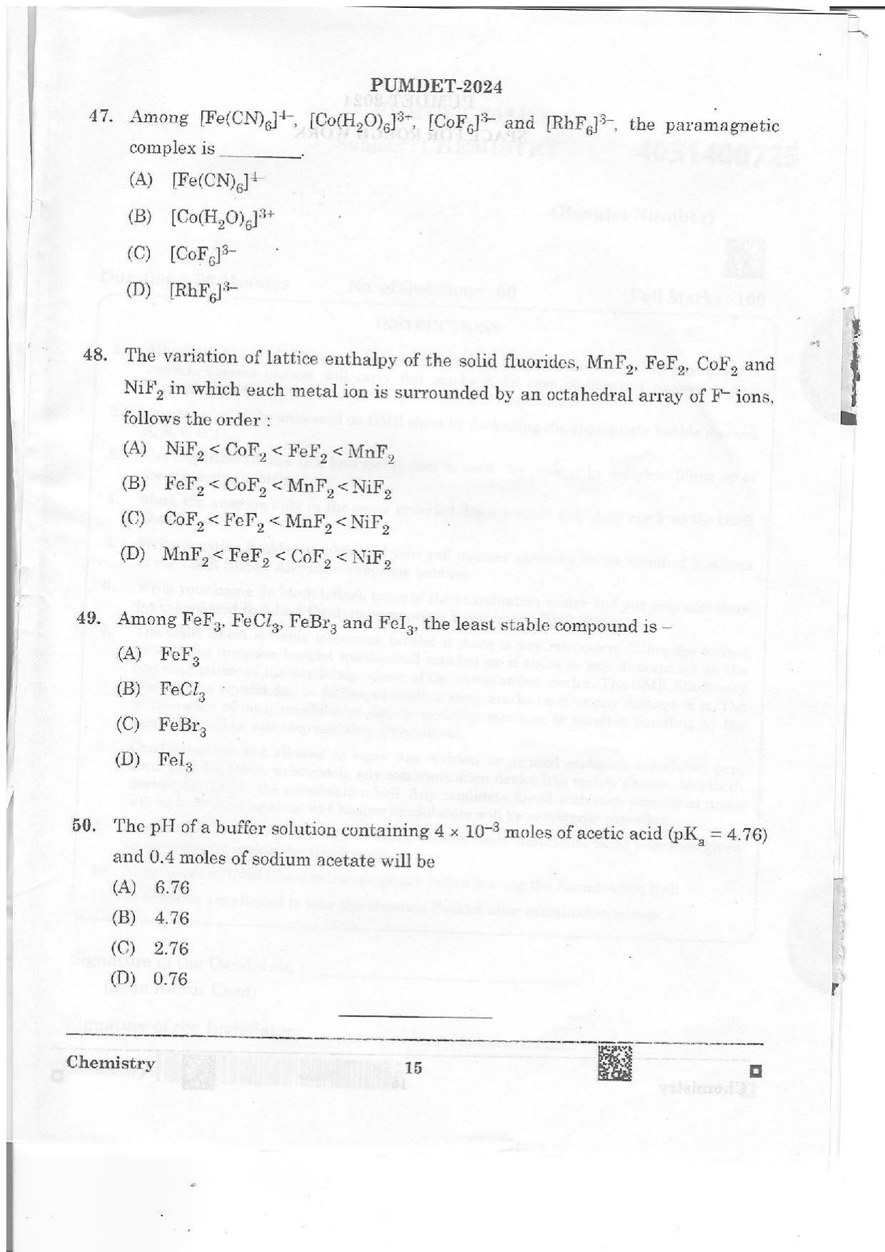 PUMDET 2024 Chemistry Question Paper - Page 15