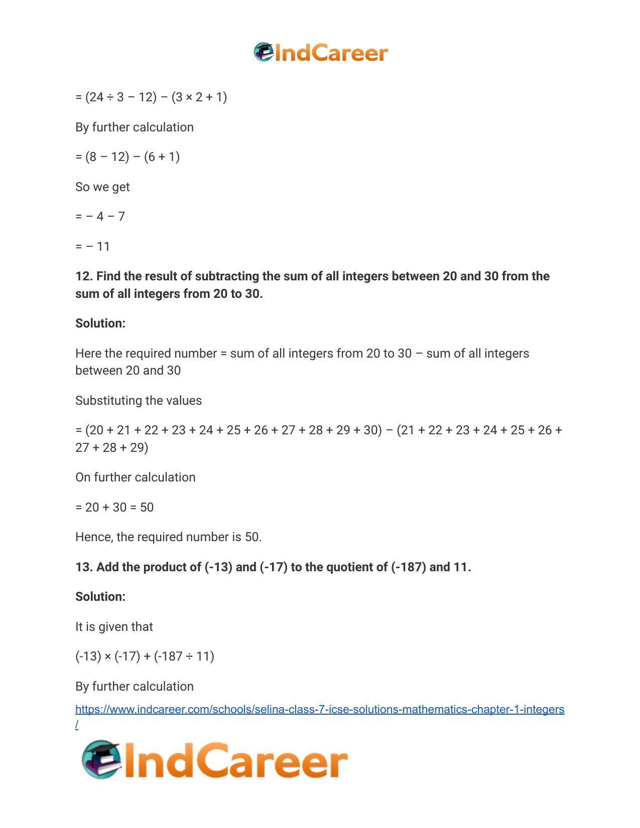 Selina Class 7 ICSE Solutions Mathematics : Chapter 1- Integers - Page 42