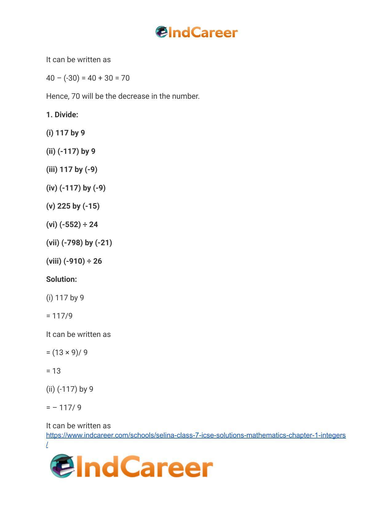 Selina Class 7 ICSE Solutions Mathematics : Chapter 1- Integers - Page 44