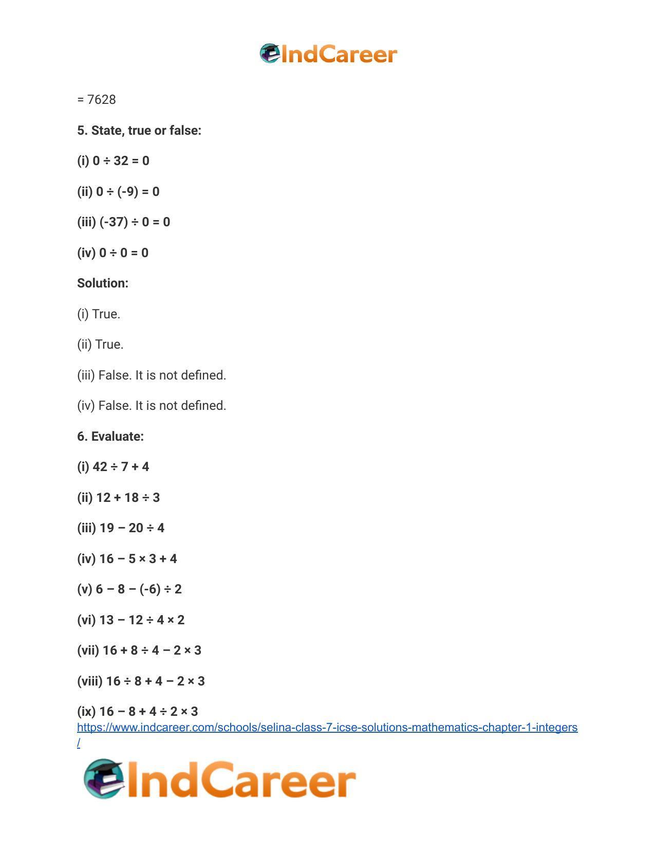Selina Class 7 ICSE Solutions Mathematics : Chapter 1- Integers - Page 52