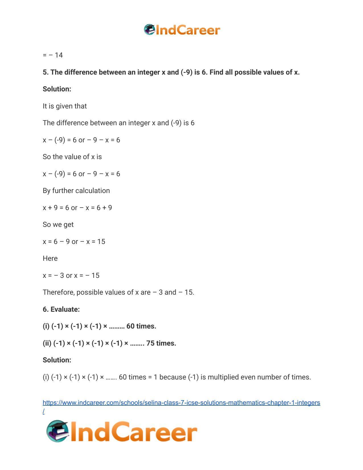 Selina Class 7 ICSE Solutions Mathematics : Chapter 1- Integers - Page 67