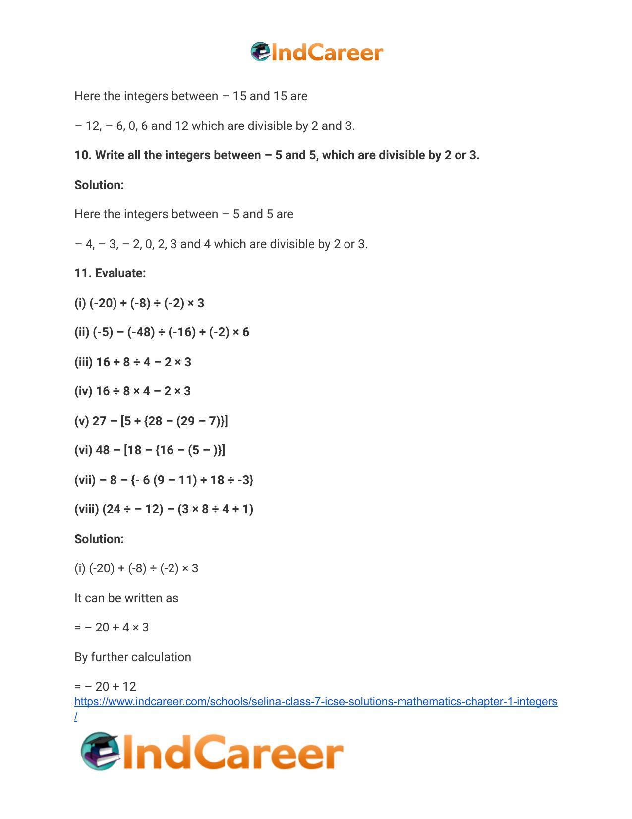 Selina Class 7 ICSE Solutions Mathematics : Chapter 1- Integers - Page 70