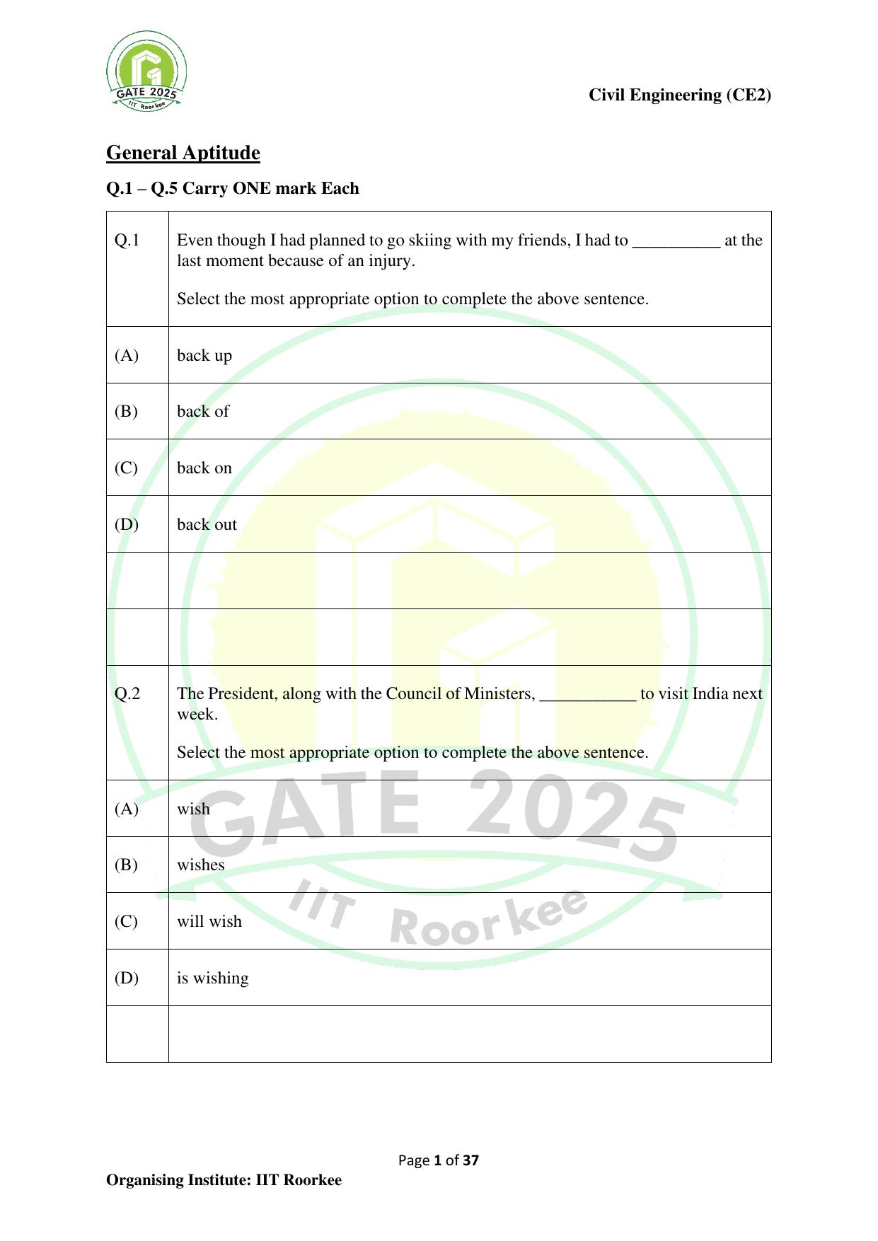 GATE 2025 Civil Engineering (CE-2) (Afternoon) Question Paper - Page 1
