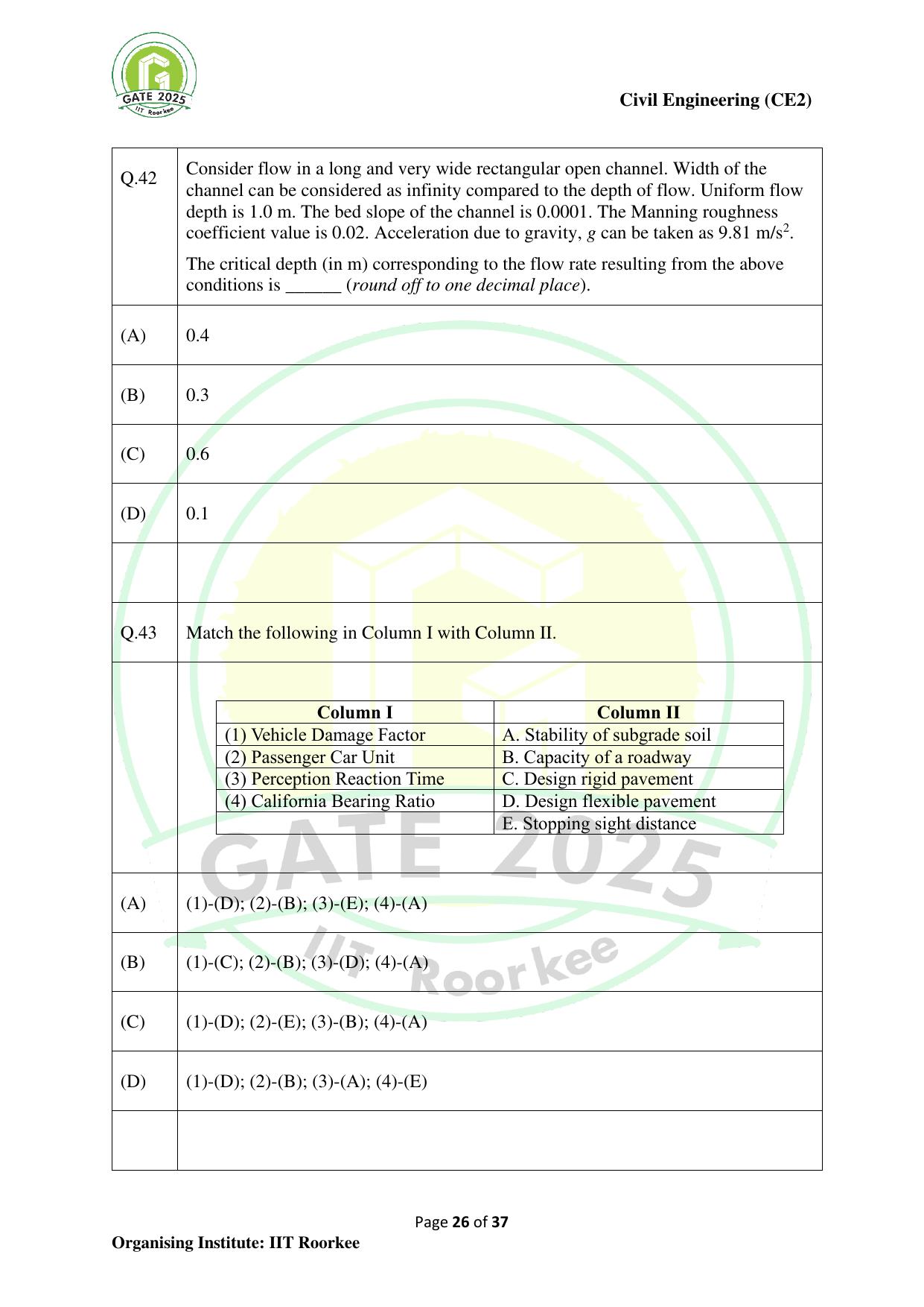 GATE 2025 Civil Engineering (CE-2) (Afternoon) Question Paper - Page 26
