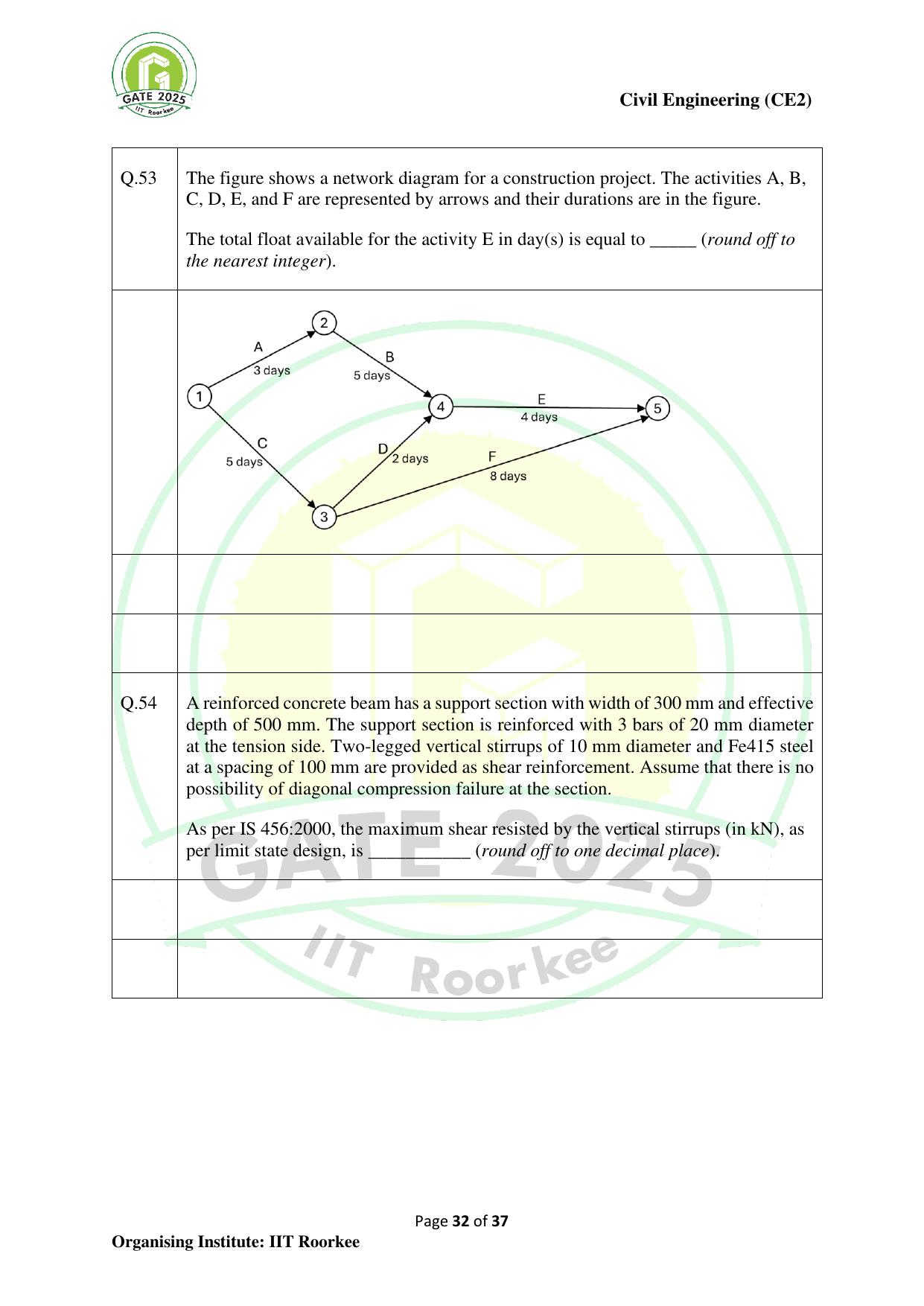 GATE 2025 Civil Engineering (CE-2) (Afternoon) Question Paper - Page 32