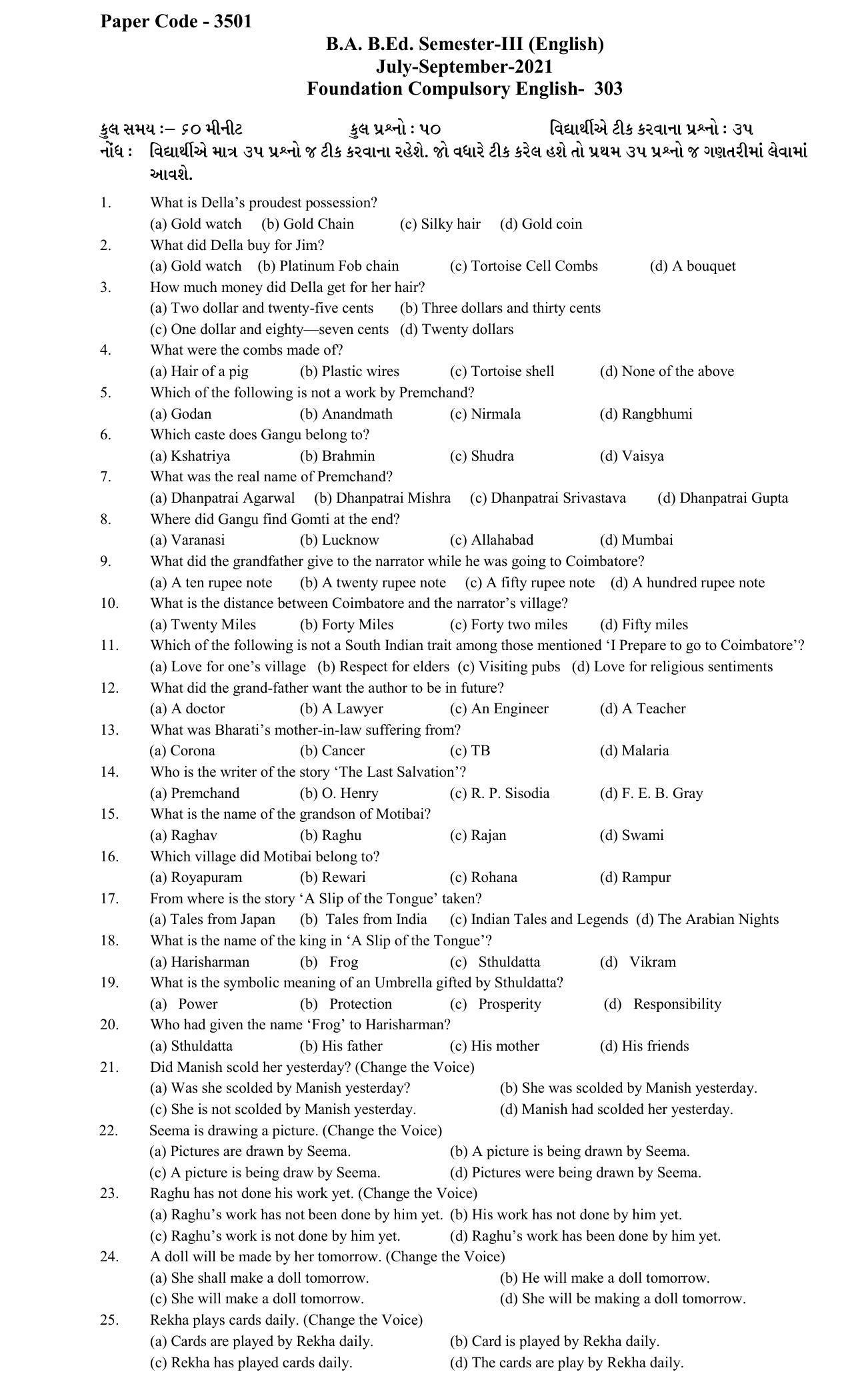 Hemchand North Gujarat University Sample Paper July-Sept 2021: B.A. B.Ed. Semester-III Foundation Compulsory English- 303 Paper Code - 3501 - Page 1