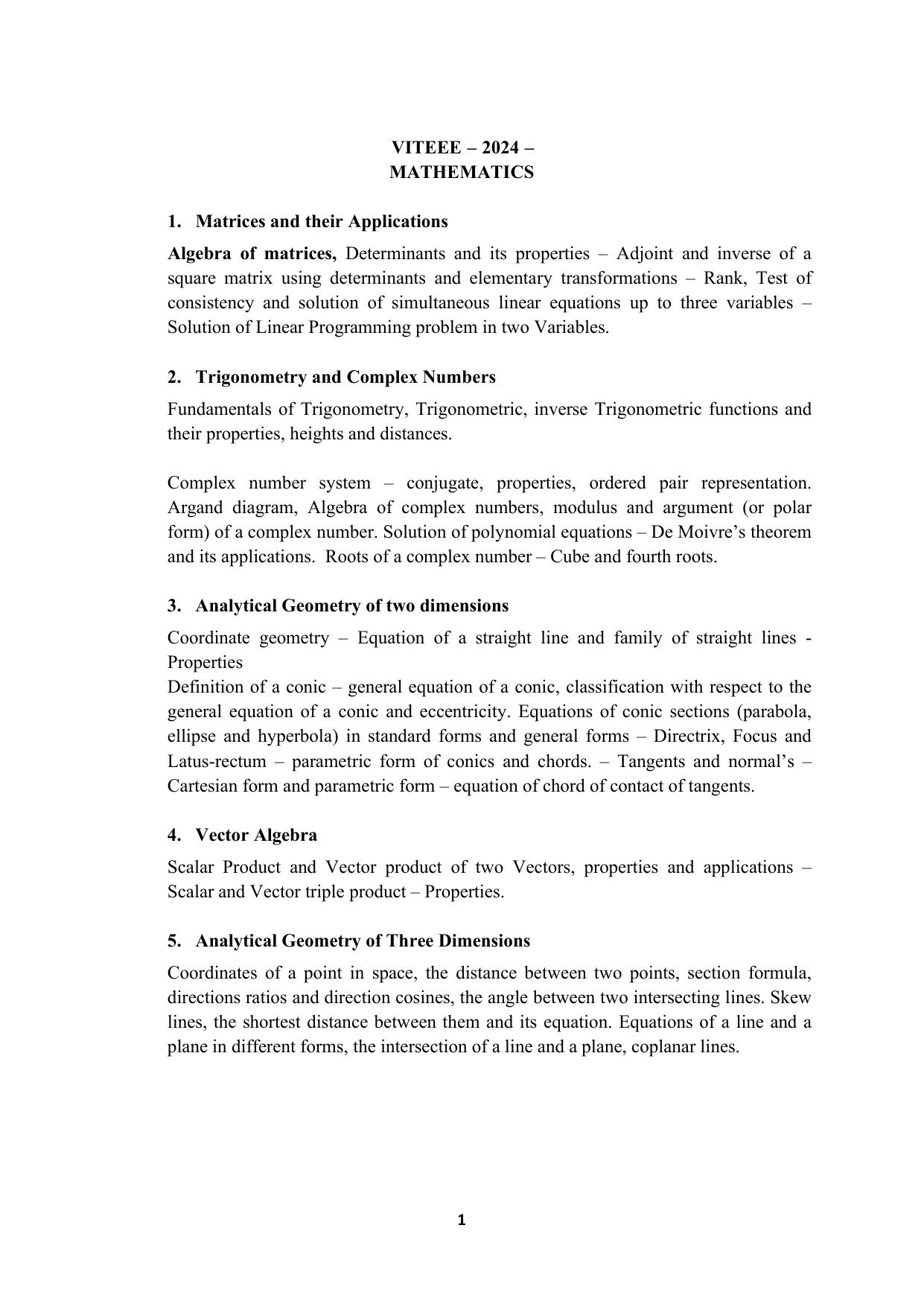 VITEEE 2024 Mathematics Syllabus - Page 1