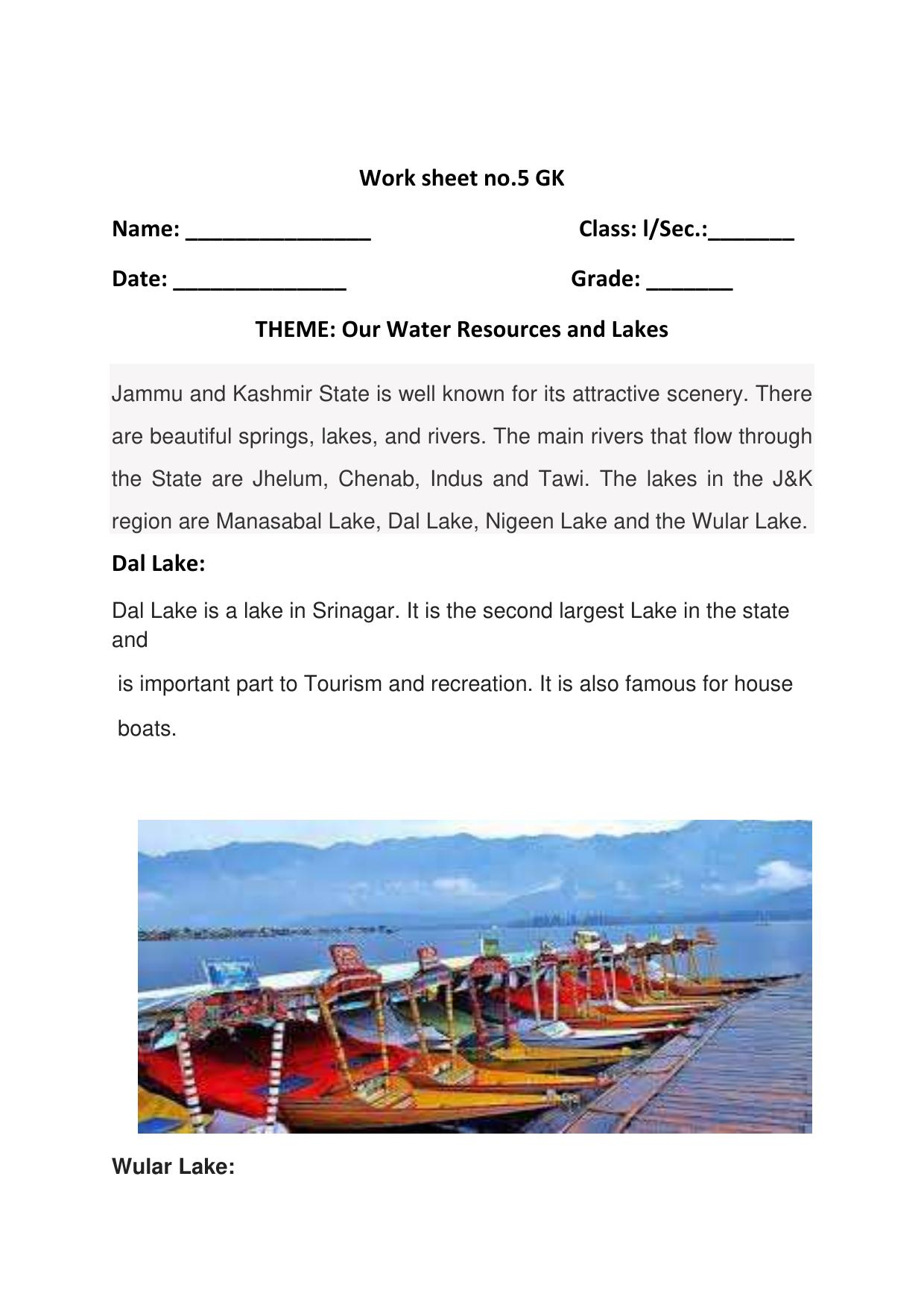 Worksheet for Class 1 GK Assignment 4 (Our Water Resources and Lakes) - Page 1