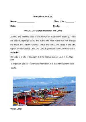 Worksheet for Class 1 GK Assignment 4 (Our Water Resources and Lakes)