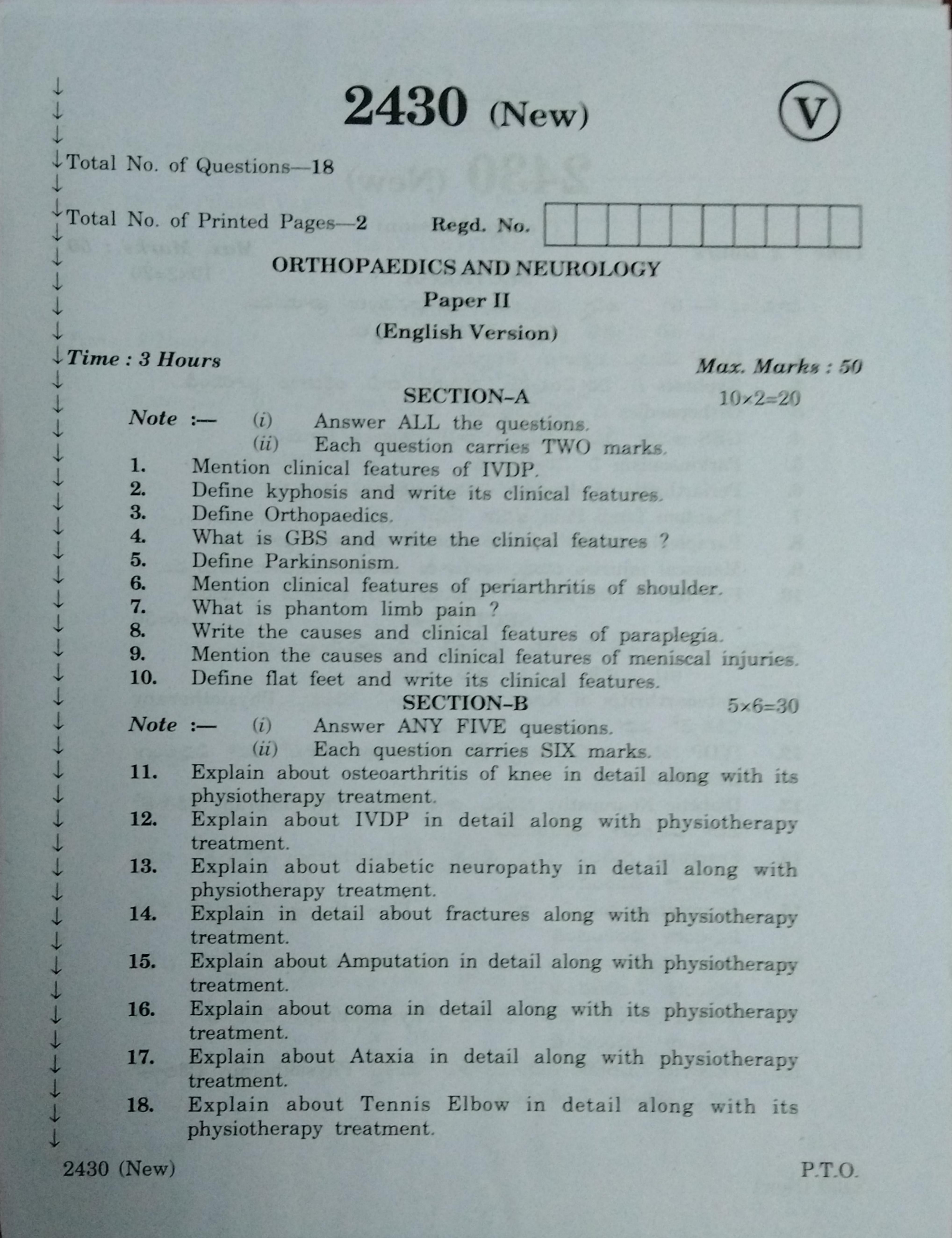 AP Inter 2nd Year Vocational Question Paper March - 2020 - Orthopedics and Neurology - II (new) - Page 1