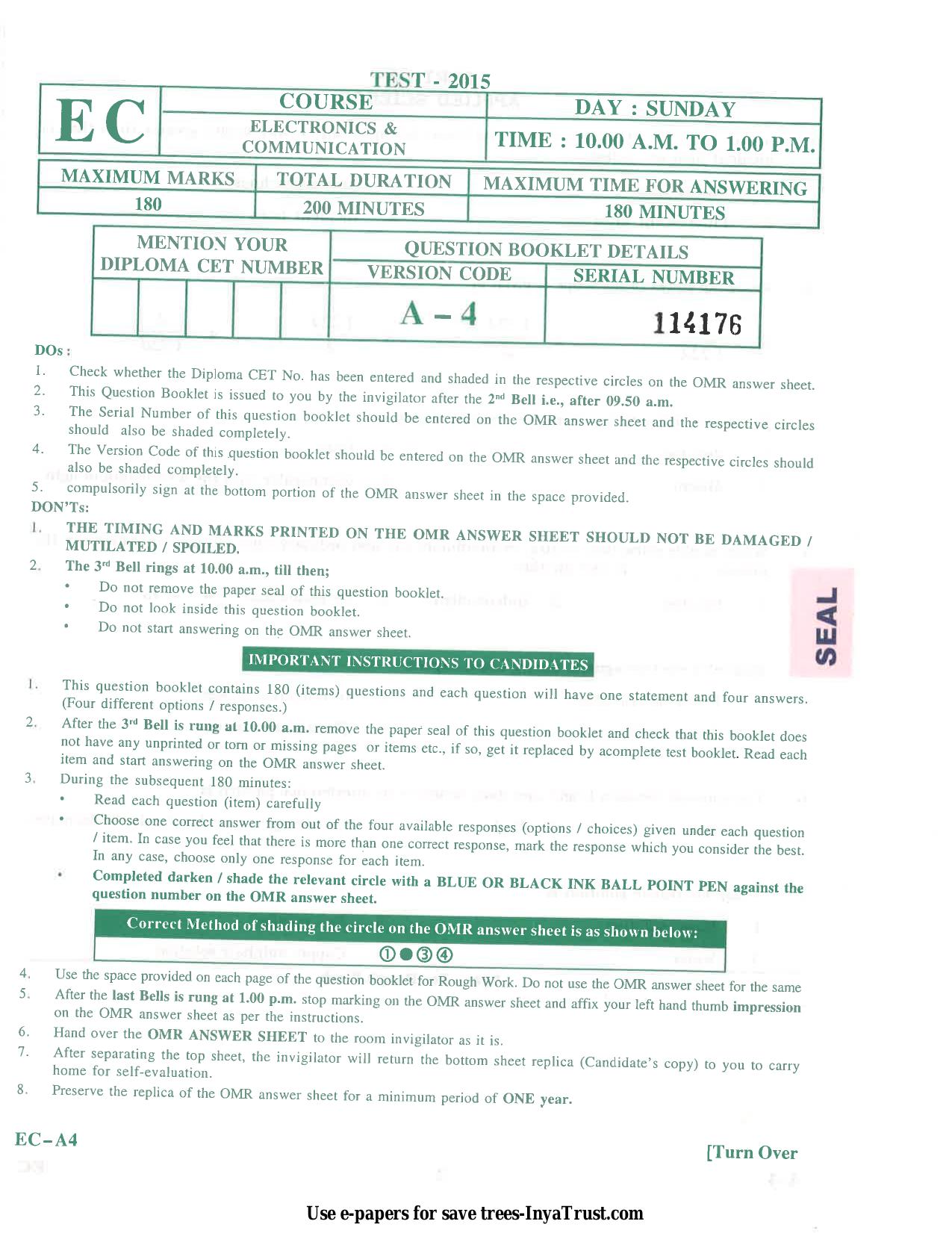 Karnataka Diploma CET- 2015 Electronics and Communication Engineering Question Paper - Page 1