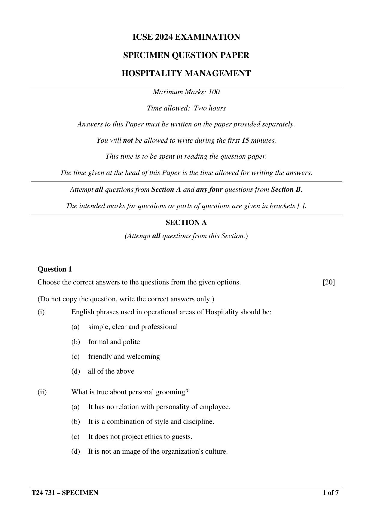 ICSE Class 10 2024 HOSPITALITY MANAGEMENT Sample Paper - Page 1
