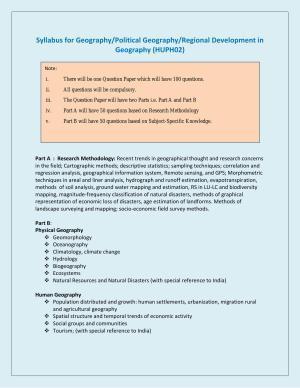 NTA PhD Entrance Exam Geography/Political Geography/Regional Development Geography Syllabus