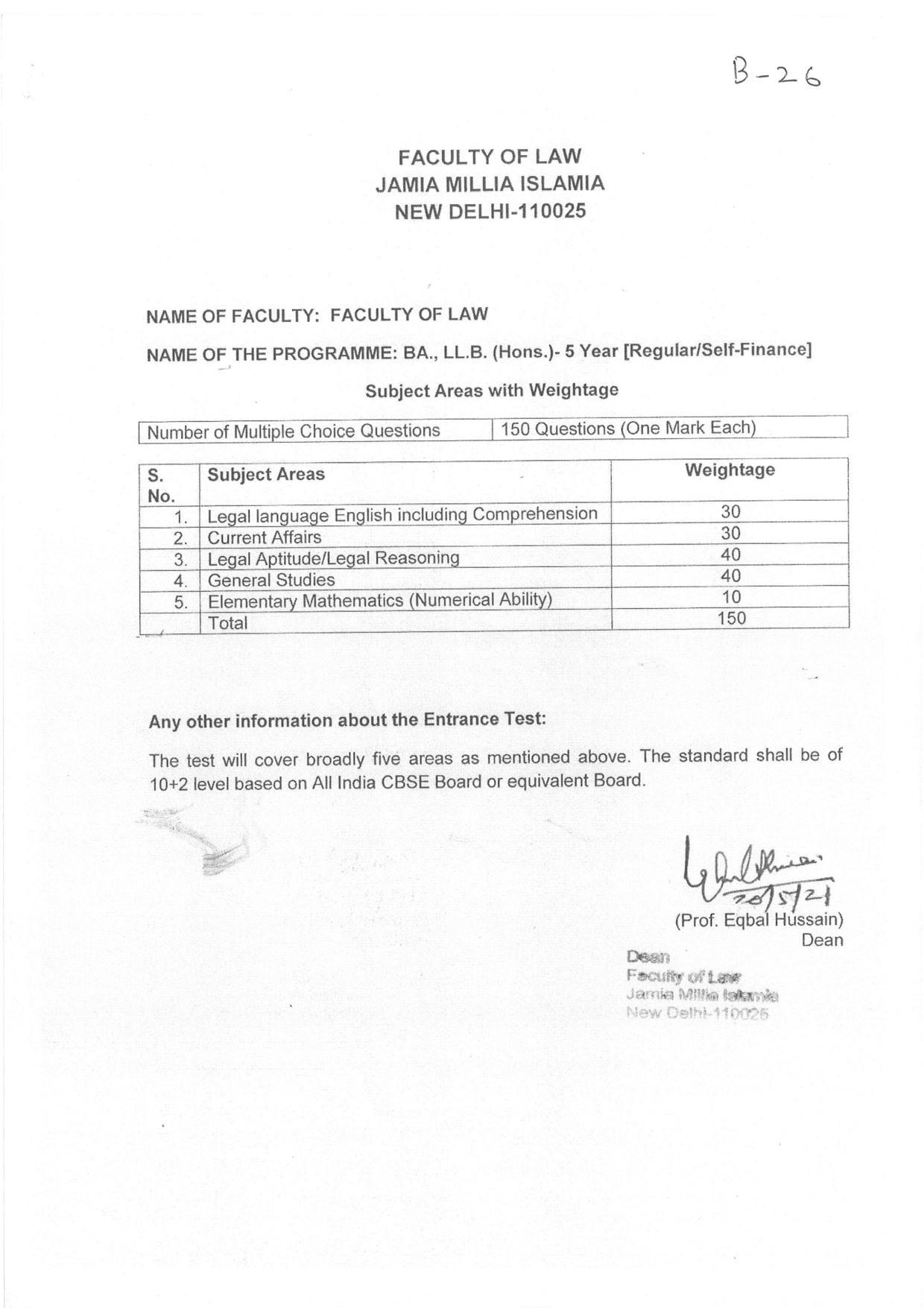 JMI Entrance Exam B26-B.A.LL.B.(Hons)/B.A.LL.B.(Hons) (Self-financed) Syllabus - Page 1
