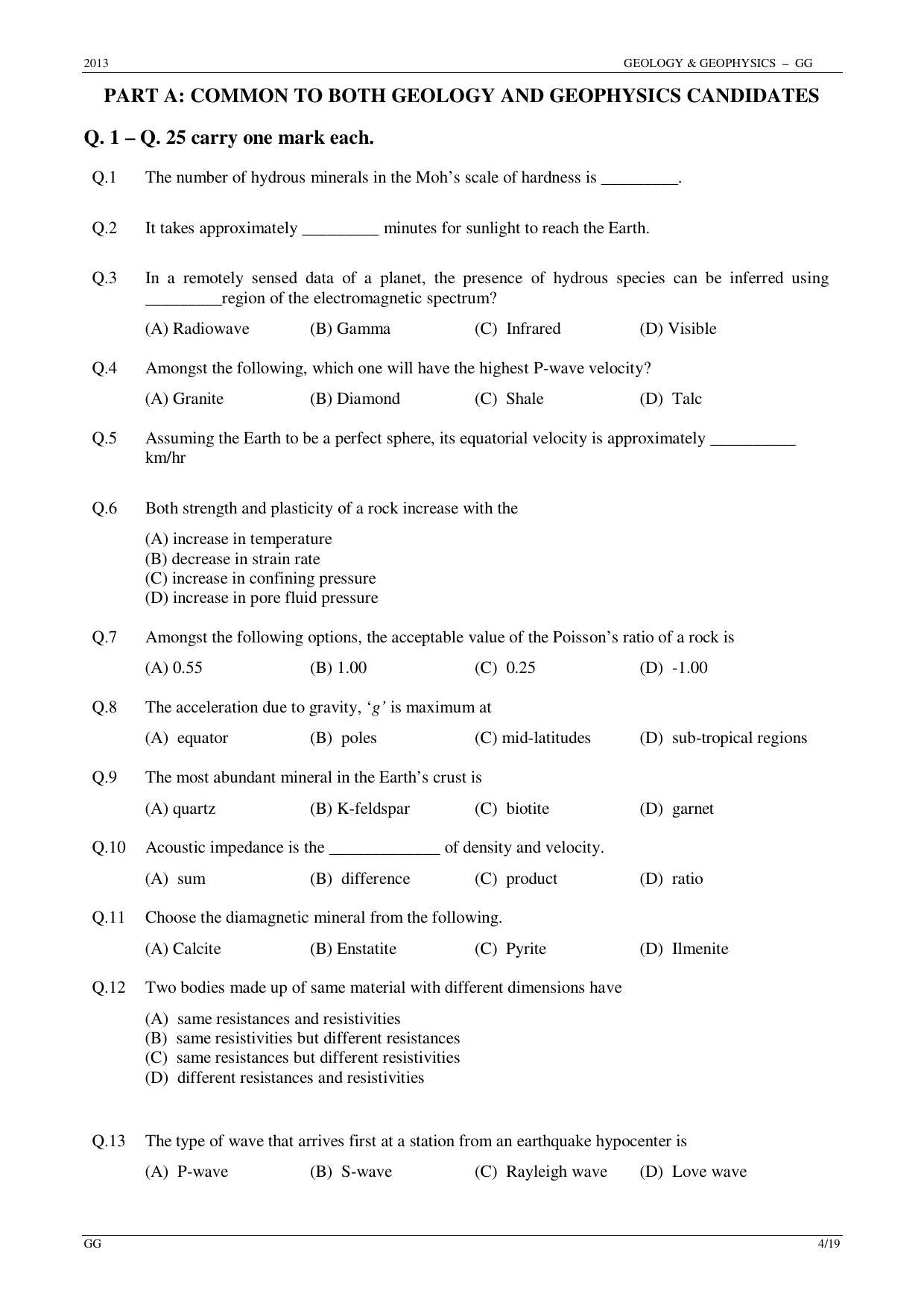 GATE 2013 Geology and Geophysics (GG) Question Paper with Answer Key - Page 4