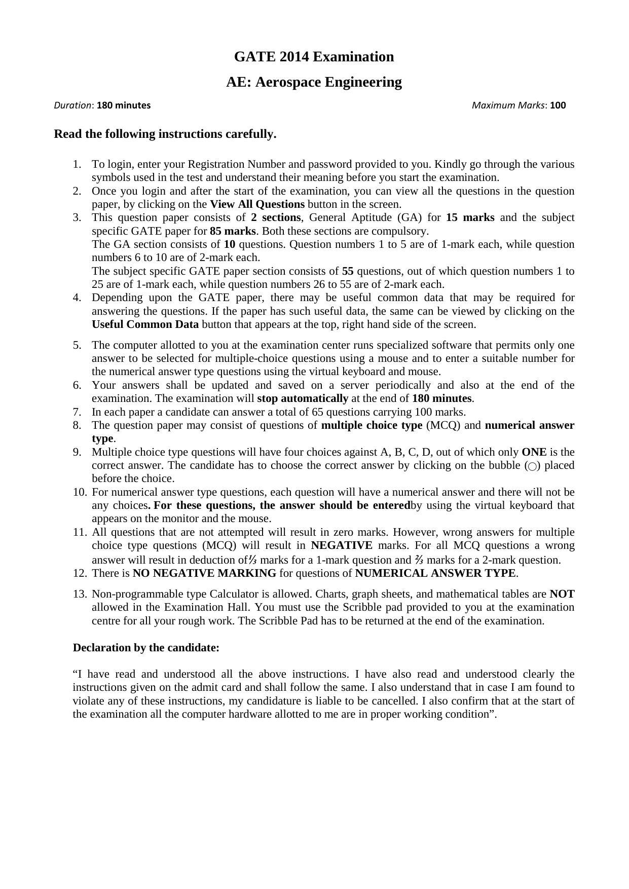 GATE 2014 Aerospace Engineering (AE) Question Paper with Answer Key - Page 4