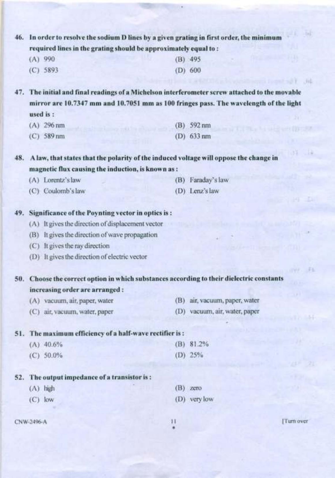 PU CET PG 2018 MSc (Physics/Medical Physics/Physics & Electronics) Question Paper - Page 10