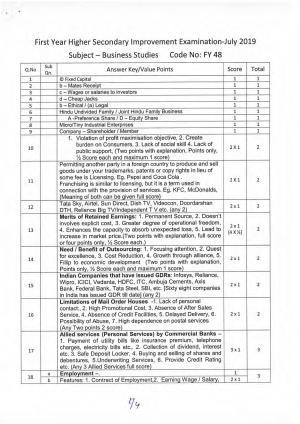 Kerala Plus One 2019  BUSINESS STUDIES .Answer Key
