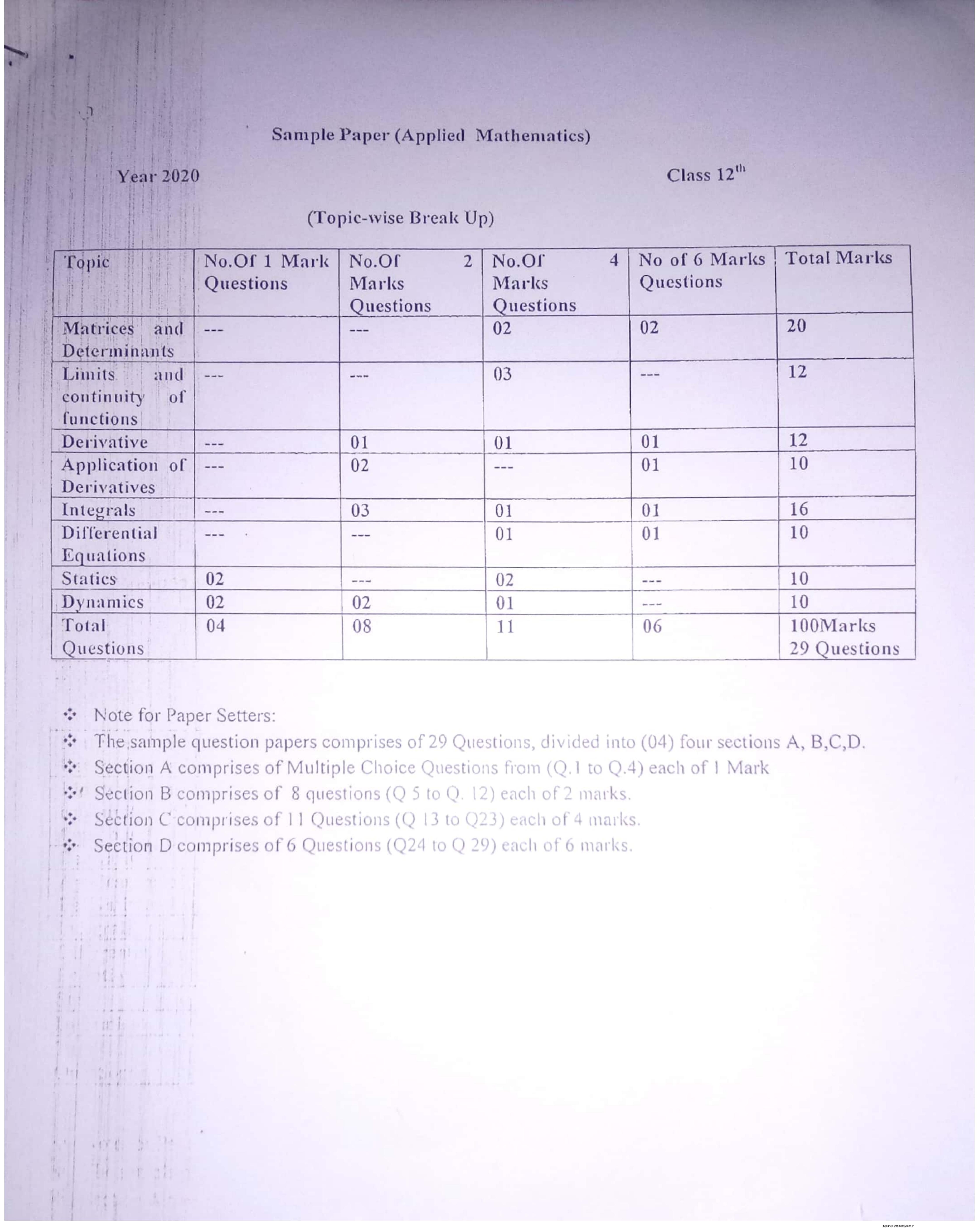 JKBOSE Class 12 Applied Mathematics Model Question Paper 2023 - Page 1