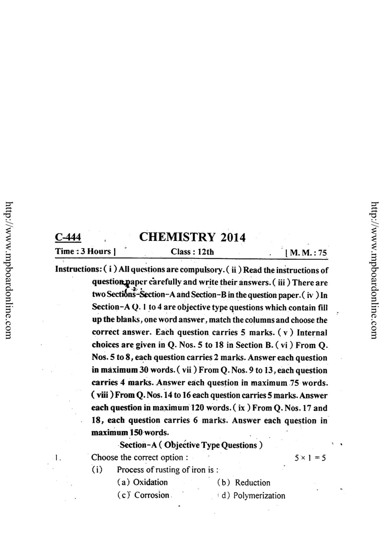 MP Board Class 12 Chemistry (English Medium) 2014 Question Paper - Page 1