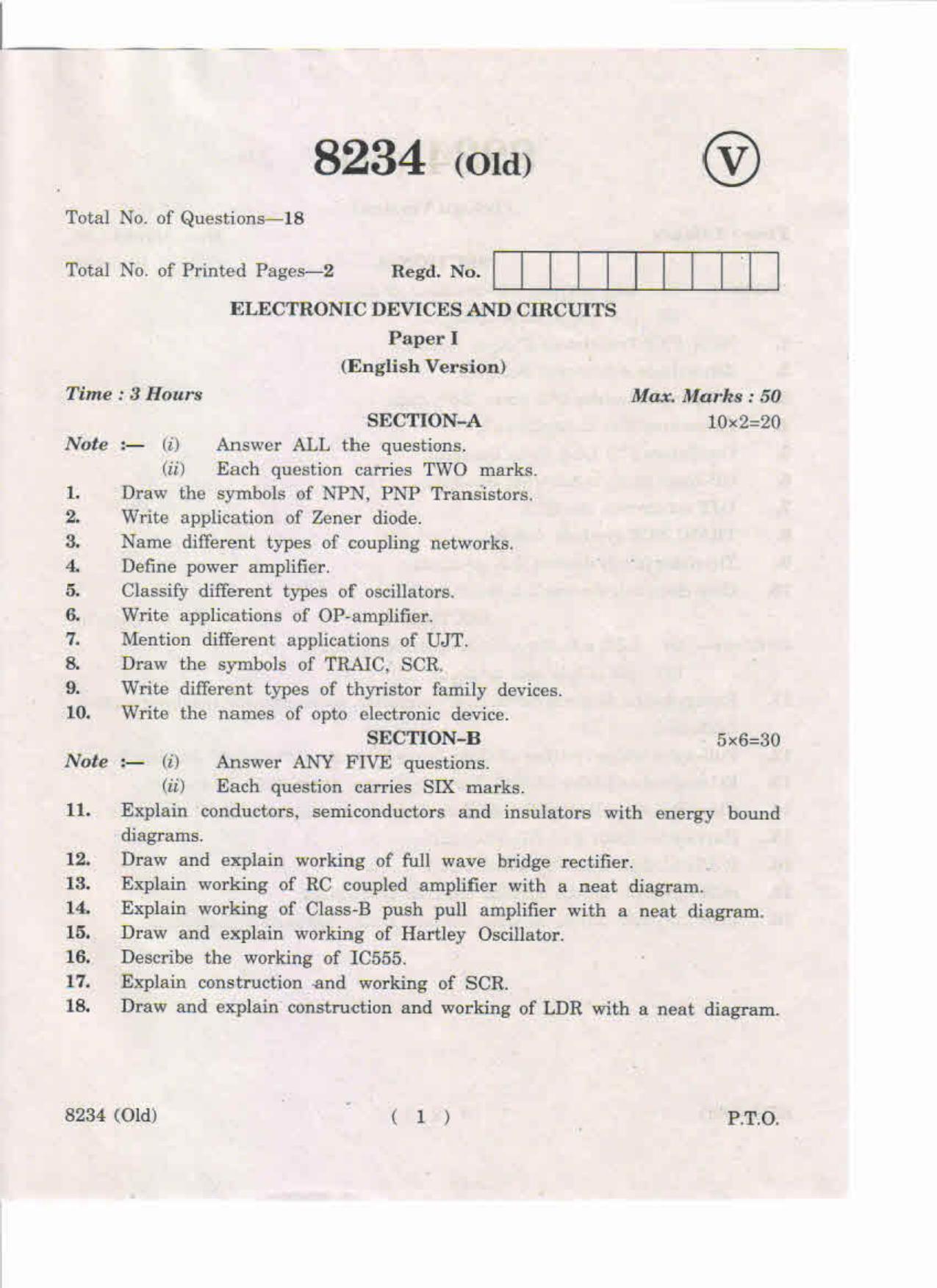 AP Inter 1st Year Electronic Devices and Circuits-I (Old) May-2019-Vocational Question Paper - Page 1