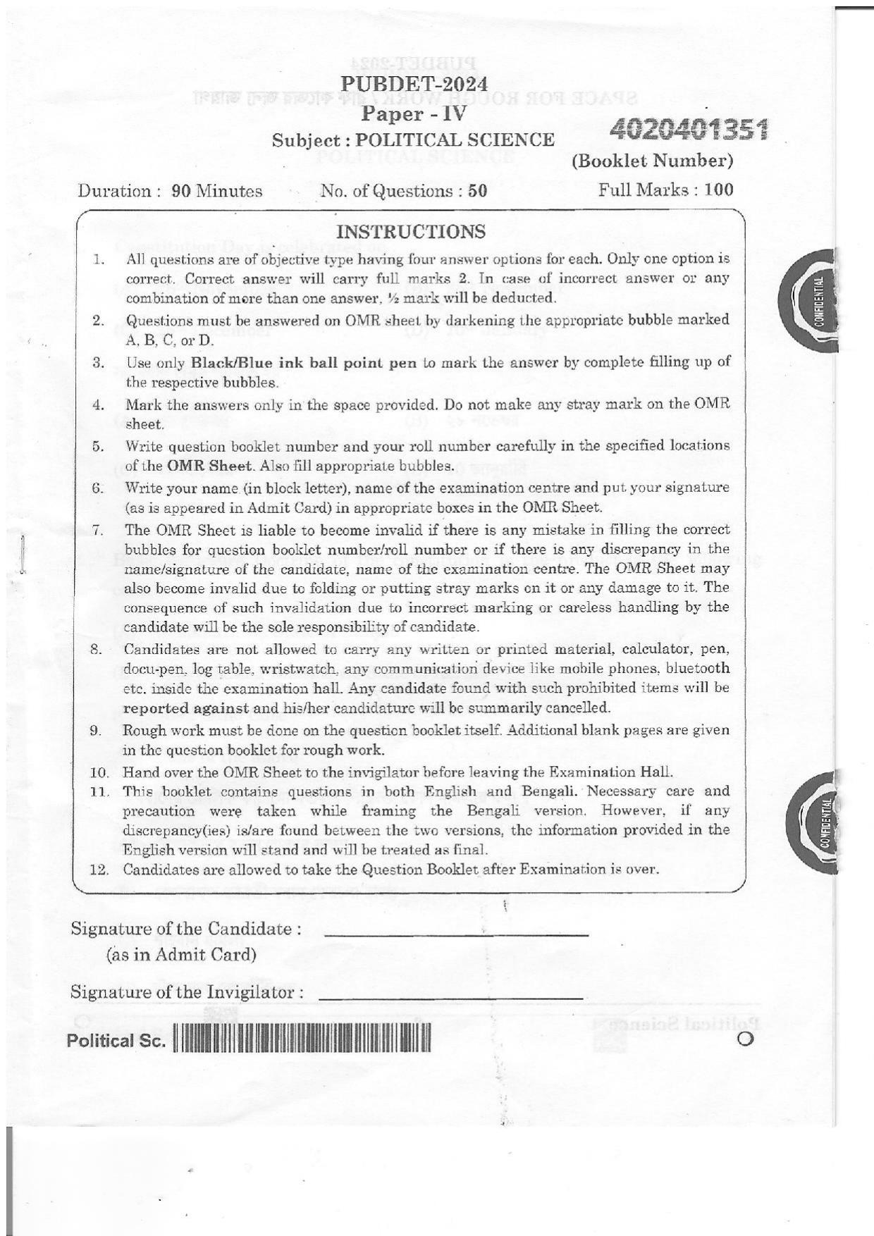 WB PUBDET 2024 Political Science Question Paper - Page 1