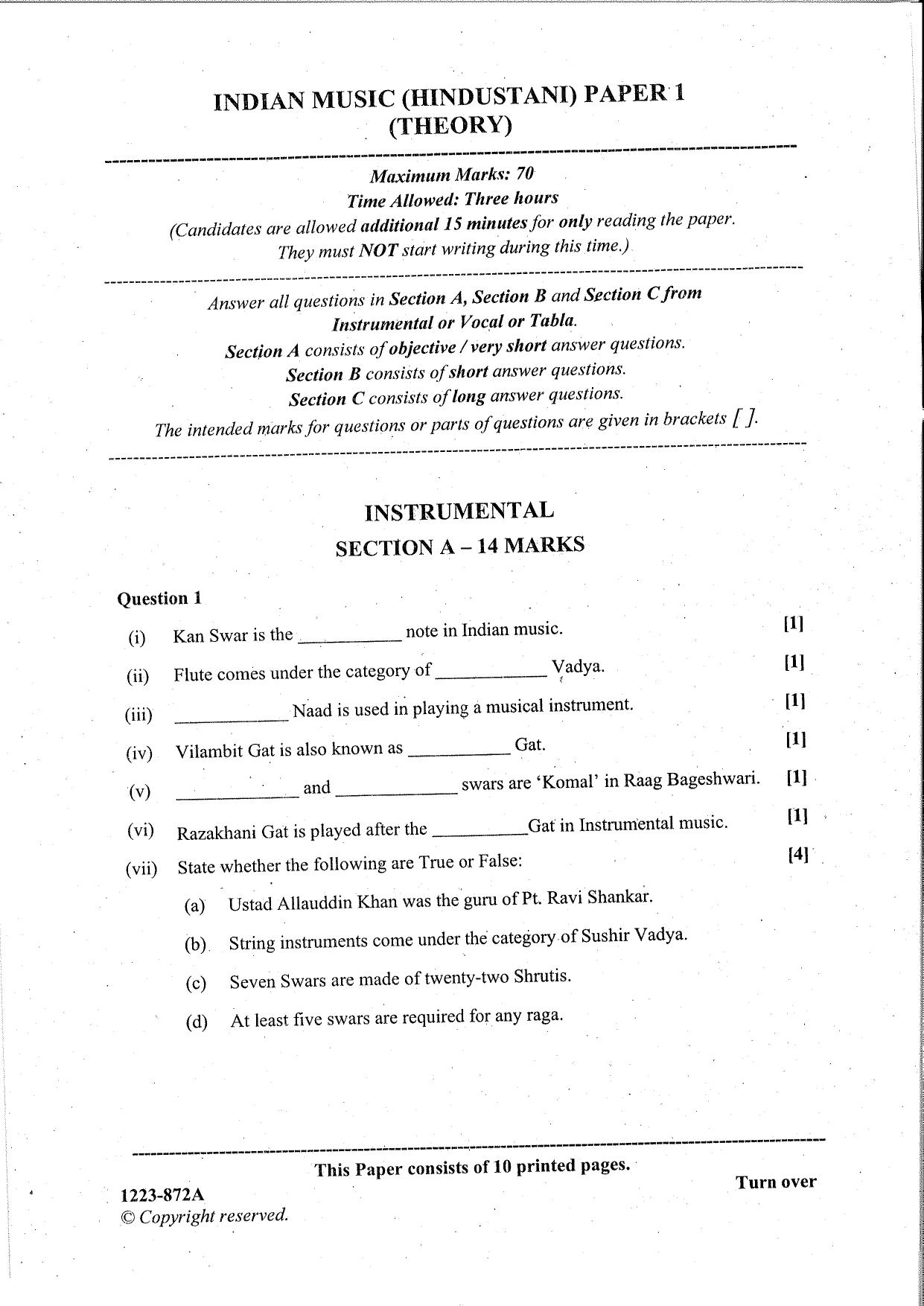 ISC Class 12 Indian Music Hindustani 2023 Question Paper - Page 1