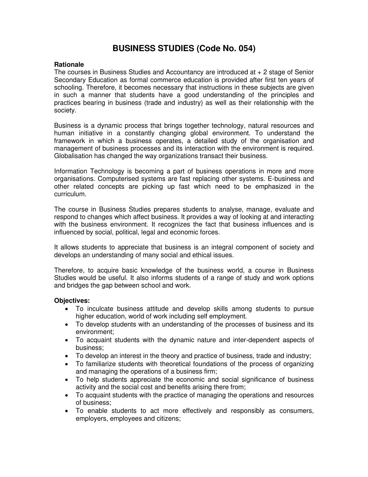 CBSE Class 11 & 12 Business Studies Syllabus - Page 1