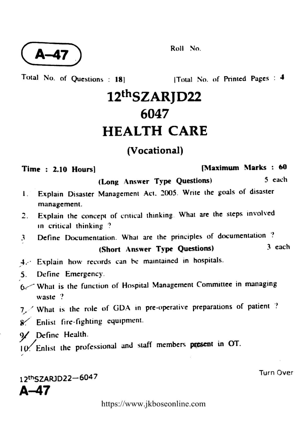 JKBOSE Class 12 Healthcare 6047 Question Papers 2022 - Page 1