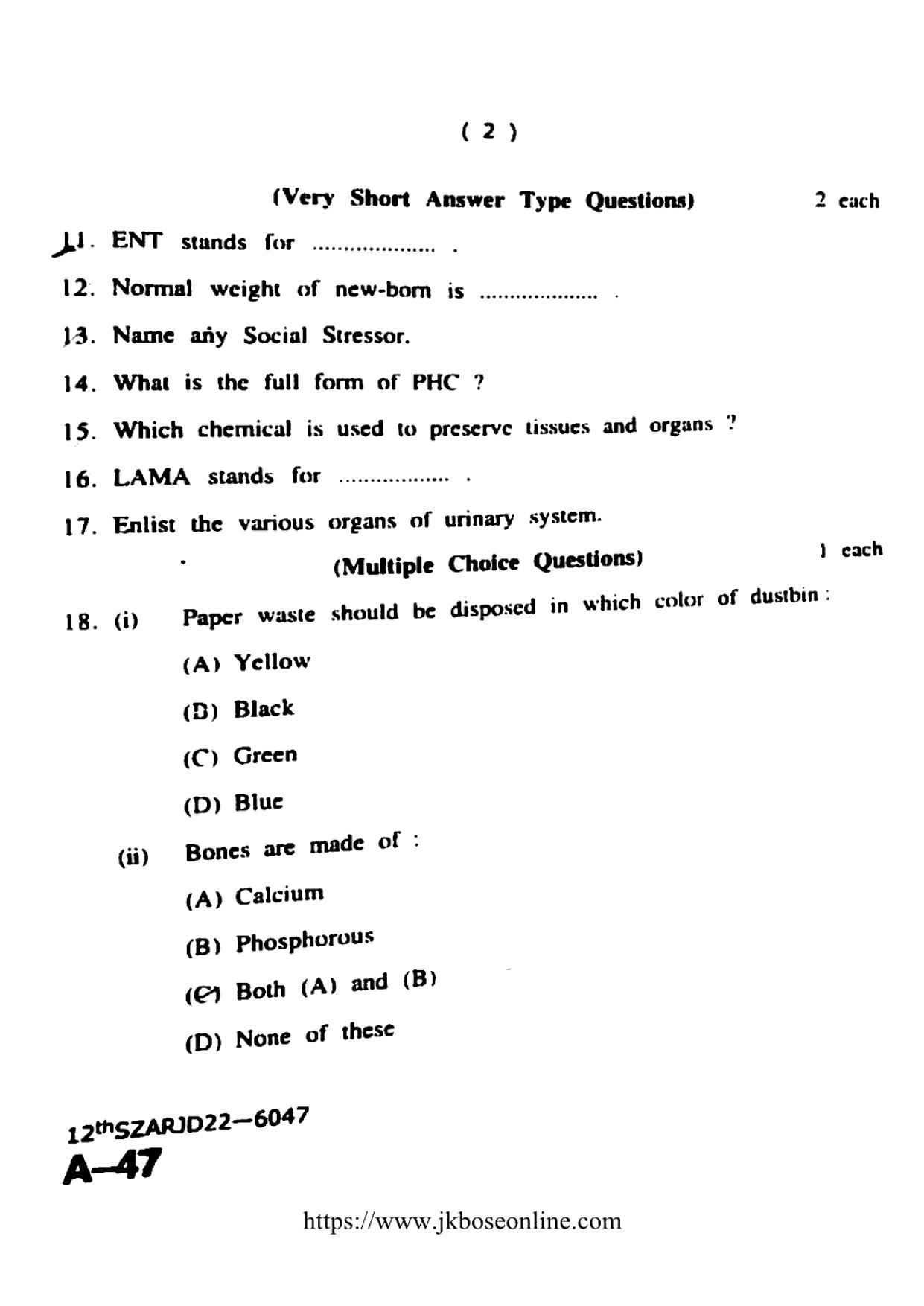 JKBOSE Class 12 Healthcare 6047 Question Papers 2022 - Page 2