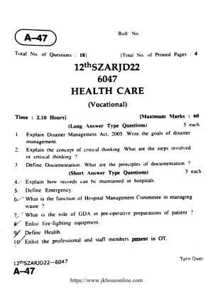 JKBOSE Class 12 Healthcare 6047 Question Papers 2022