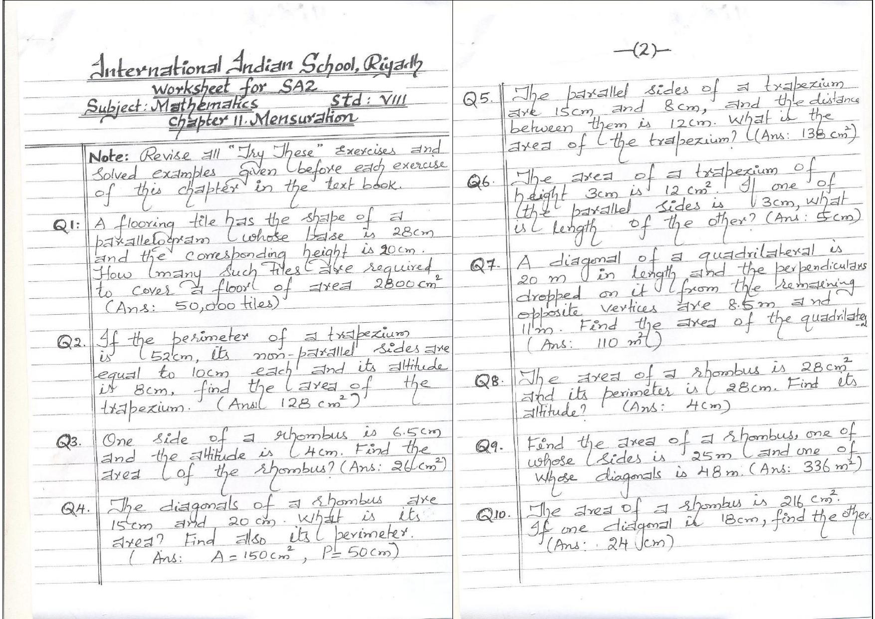 CBSE Worksheets for Class 8 Mathematics Mensuration Assignment 2 - Page 1