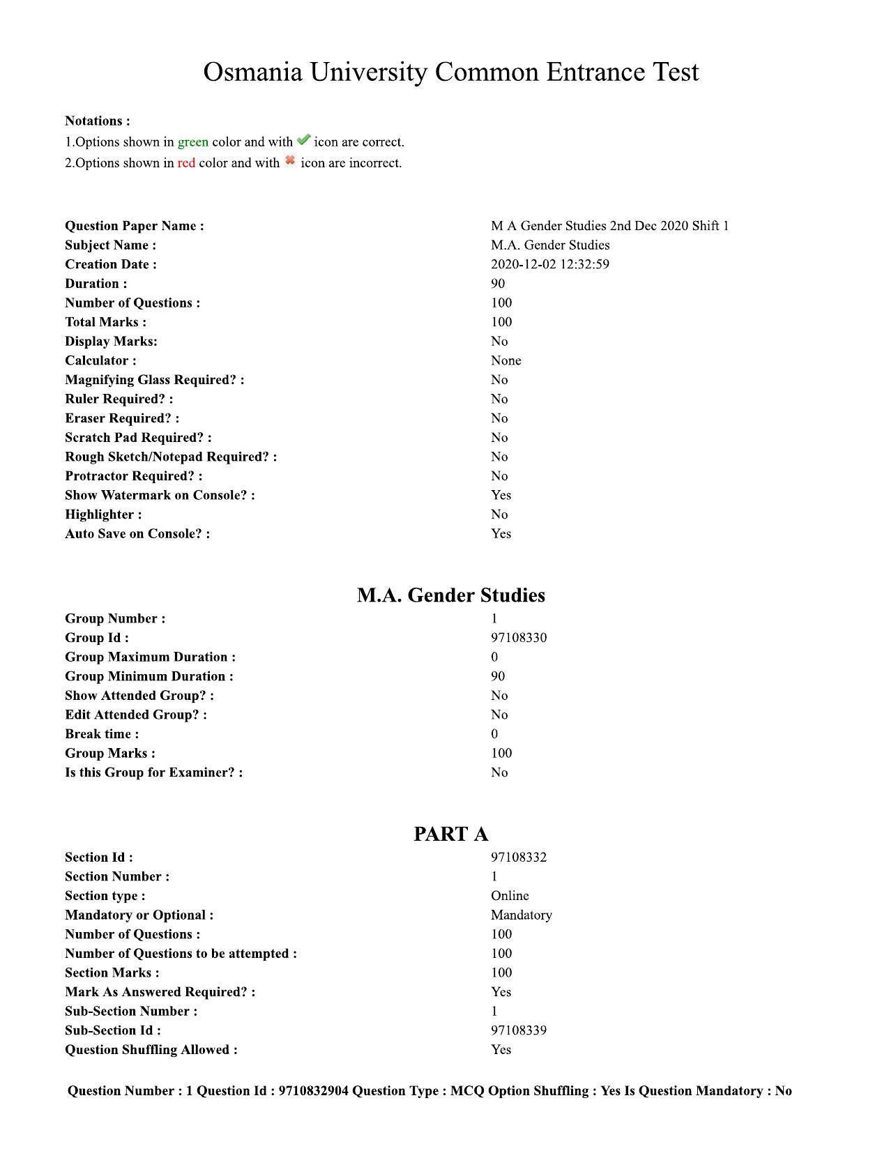 TS CPGET 2020 M.A. Gender Studies (Shift 1) Question Paper with Answer Key - Page 1